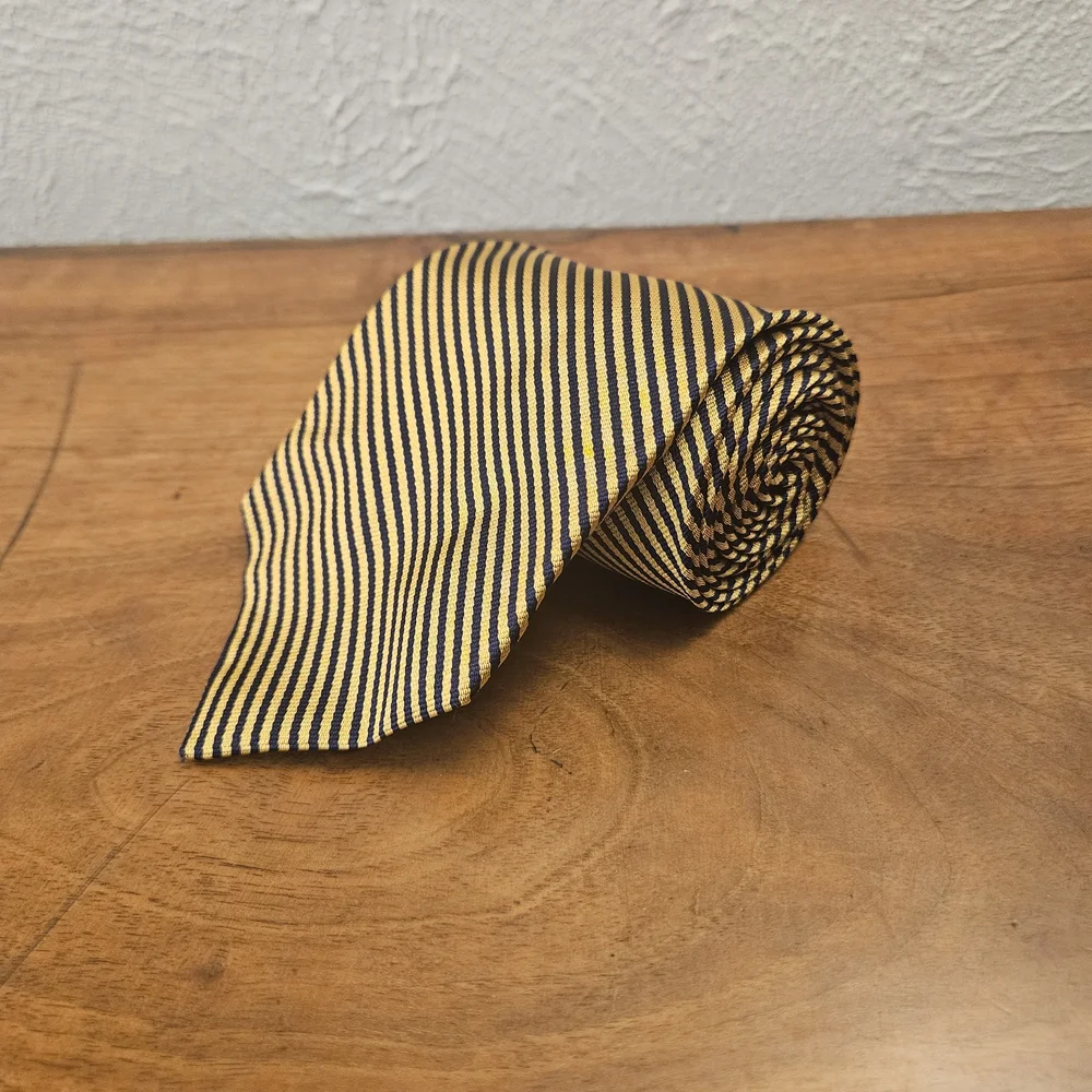 Lauren Ralph Lauren Men's 100% Silk Necktie Striped‎ Gold Navy Blue Formal